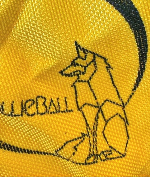 Close-up of the yellow ballistic cover with the CollieBall logo