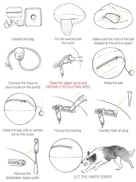 Illustrated instructions: inflating the inner ball and fitting the cover